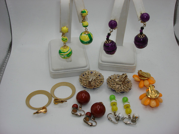 Vintage Clip-On Earrings 1960s-70s Set of 7 - Purple, Brown, Yellow & Green Styles