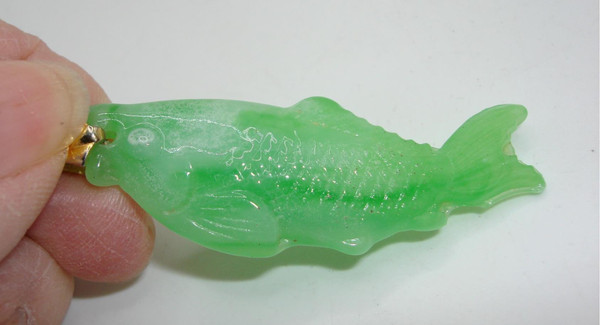 Vintage Chinese Jadeite Fish Pendant - Good Luck & Prosperity Charm (2 Inch)