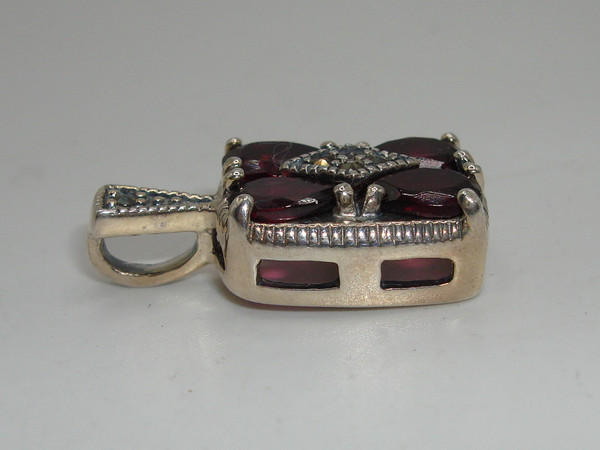 Vintage Sterling Silver Garnet & Marcasite Pendant by J.C. - 1 Carat