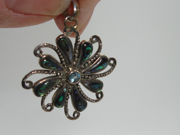 Sterling Silver Abalone & Blue Topaz Pendant - 925 Hallmark, Intricately Beaded Design