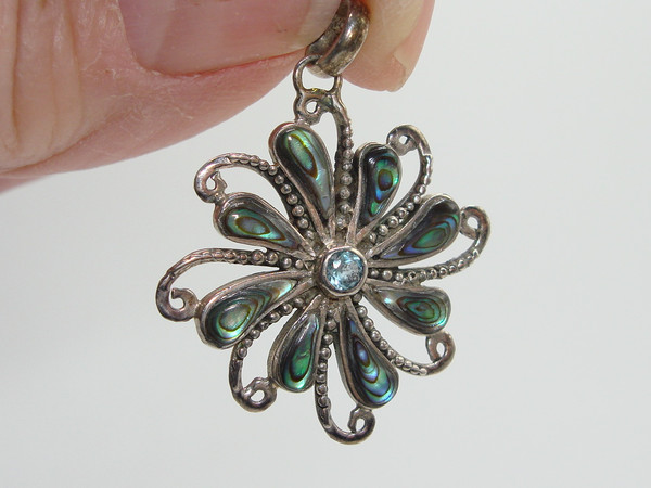 Sterling Silver Abalone & Blue Topaz Pendant - 925 Hallmark, Intricately Beaded Design