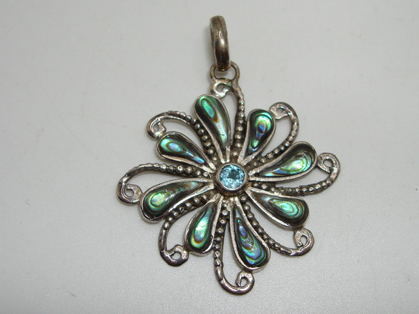 Sterling Silver Abalone & Blue Topaz Pendant - 925 Hallmark, Intricately Beaded Design
