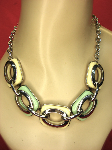 Vintage Silver Tone Necklace with Cream & Jade Green Pendants - Adjustable 18-21 Inch