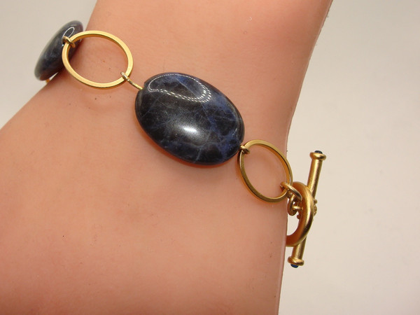 Vintage Ralph Lauren Sodalite Toggle Bracelet - Brushed Gold Tone, Mint Condition
