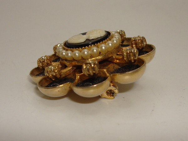 Vintage Coro Cameo Brooch, Rhinestones & Faux Pearls, 1940s-50s