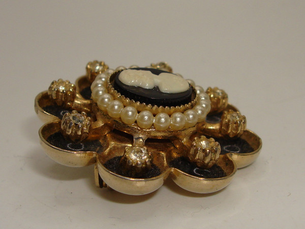 Vintage Coro Cameo Brooch, Rhinestones & Faux Pearls, 1940s-50s