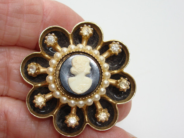 Vintage Coro Cameo Brooch, Rhinestones & Faux Pearls, 1940s-50s