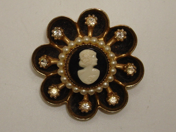 Vintage Coro Cameo Brooch, Rhinestones & Faux Pearls, 1940s-50s