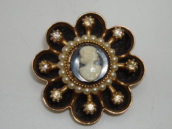 Vintage Coro Cameo Brooch, Rhinestones & Faux Pearls, 1940s-50s