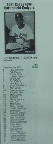 1991 Bakersfield Dodgers Cal League Team Set - Piazza, Martinez, Mondesi - MiLB Baseball Cards