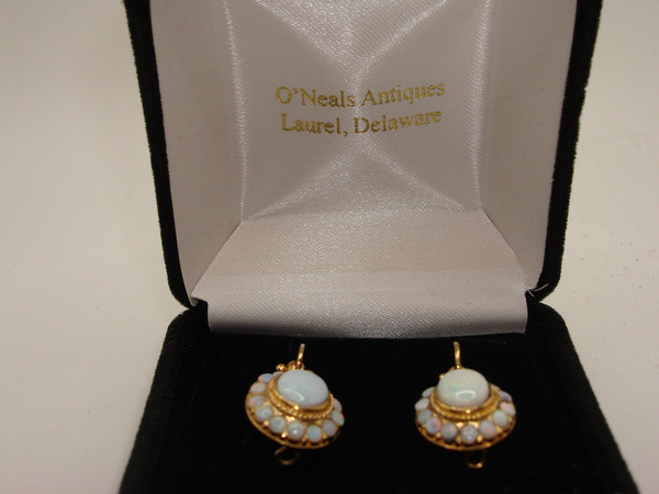 Antique 14K Gold Fiery Opal Earrings | 2.5 CTW, Halo Design & French Wires