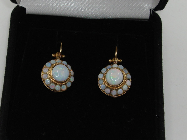 Antique 14K Gold Fiery Opal Earrings | 2.5 CTW, Halo Design & French Wires
