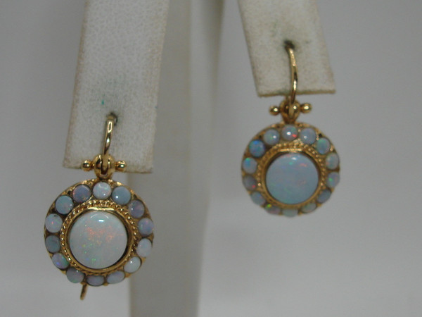 Antique 14K Gold Fiery Opal Earrings | 2.5 CTW, Halo Design & French Wires