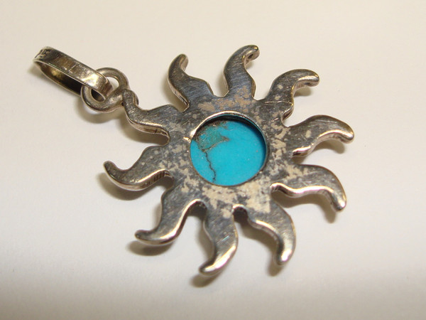 Vintage Sterling Silver Turquoise & Enamel Sun Pendant | 925 Silver, Blue Gemstone