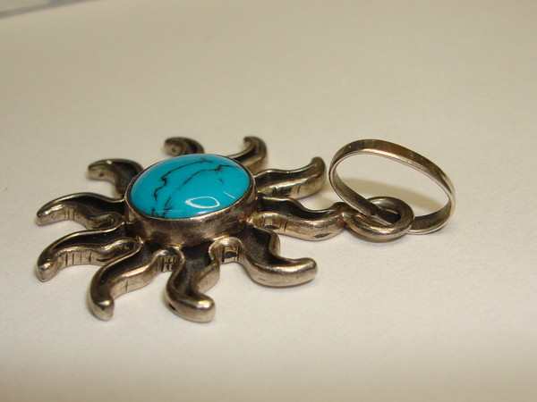 Vintage Sterling Silver Turquoise & Enamel Sun Pendant | 925 Silver, Blue Gemstone