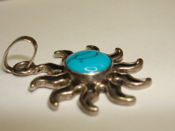 Vintage Sterling Silver Turquoise & Enamel Sun Pendant | 925 Silver, Blue Gemstone