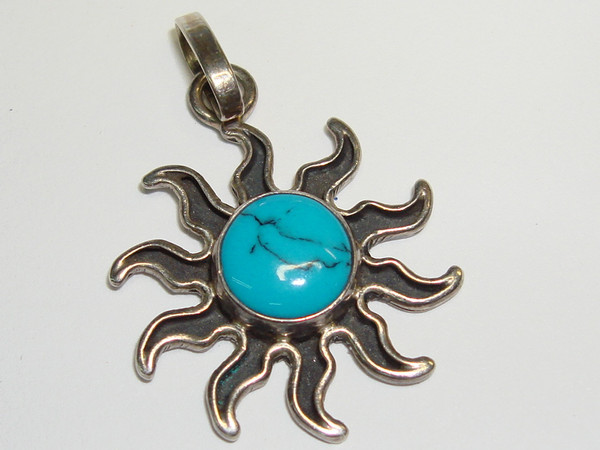 Vintage Sterling Silver Turquoise & Enamel Sun Pendant | 925 Silver, Blue Gemstone