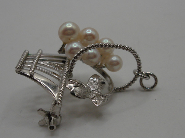 Vintage Silver Basket Brooch with Cultured Akoya Pearls - 9 Pearl Accent, Wear as Pendant