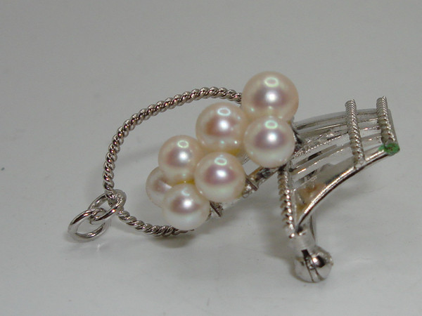 Vintage Silver Basket Brooch with Cultured Akoya Pearls - 9 Pearl Accent, Wear as Pendant