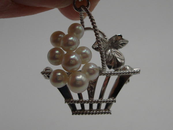 Vintage Silver Basket Brooch with Cultured Akoya Pearls - 9 Pearl Accent, Wear as Pendant
