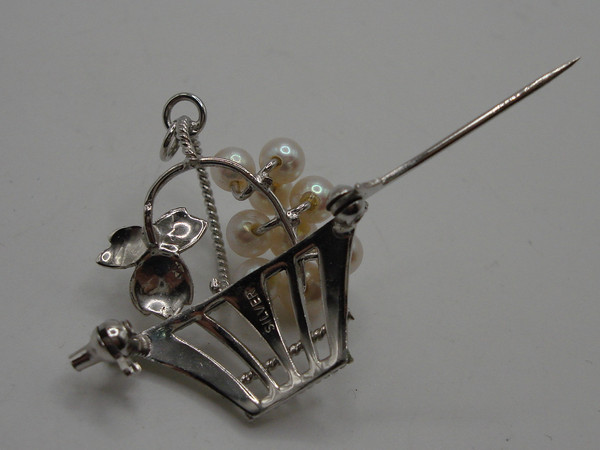 Vintage Silver Basket Brooch with Cultured Akoya Pearls - 9 Pearl Accent, Wear as Pendant