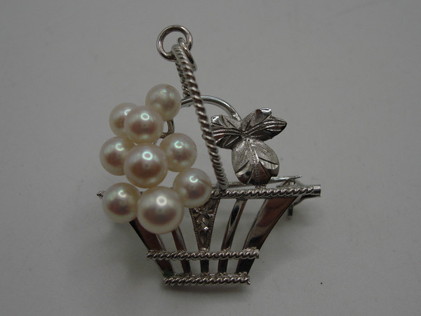 Vintage Silver Basket Brooch with Cultured Akoya Pearls - 9 Pearl Accent, Wear as Pendant
