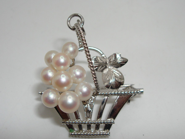 Vintage Silver Basket Brooch with Cultured Akoya Pearls - 9 Pearl Accent, Wear as Pendant
